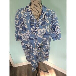 Howie Hawaiian Shirt Blue Flower Geometric Palm Leaves 1970s Mens large
